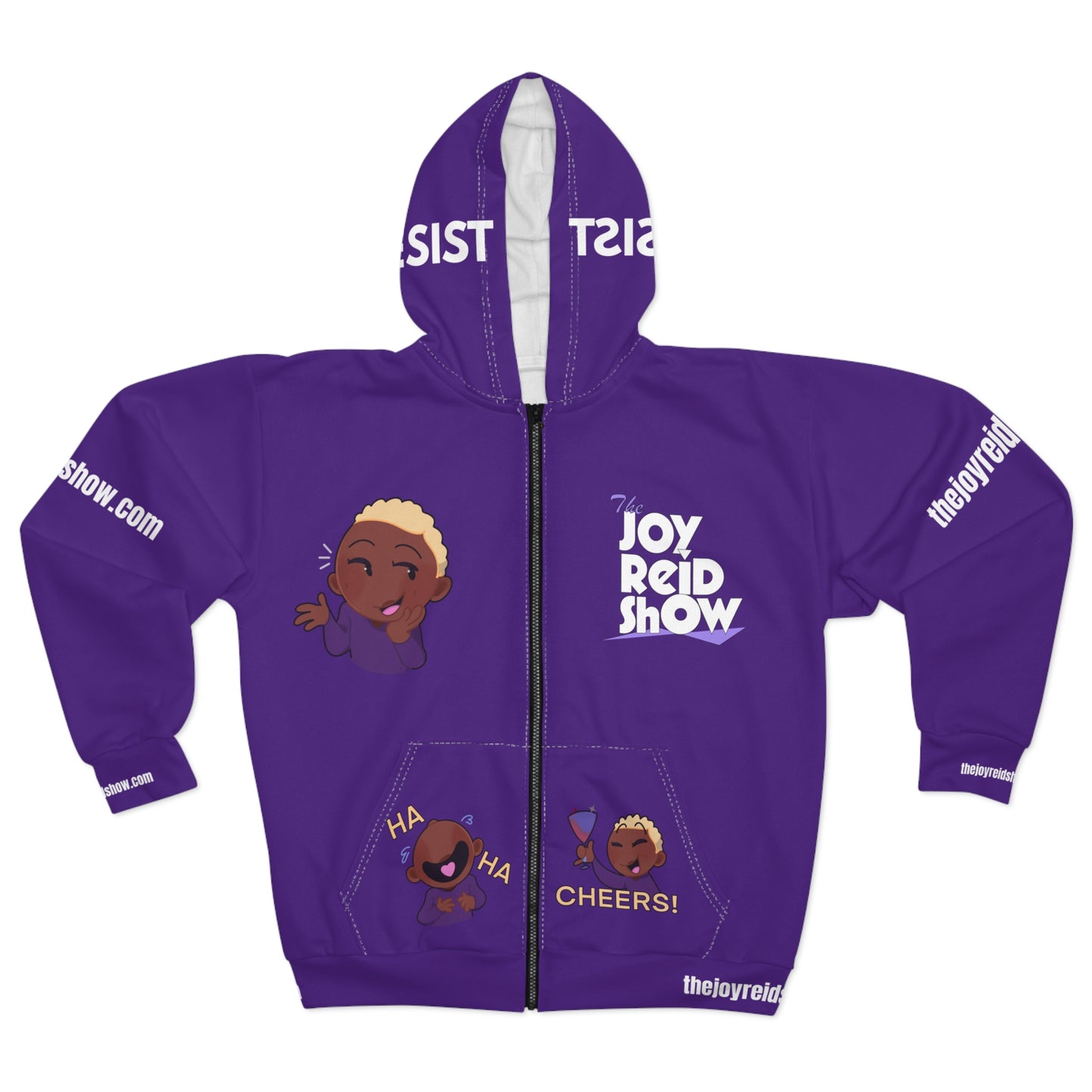 Joy Reid Show Fun Character Zip Hoodie - Purple Podcast Fan Hoodie with Emojis