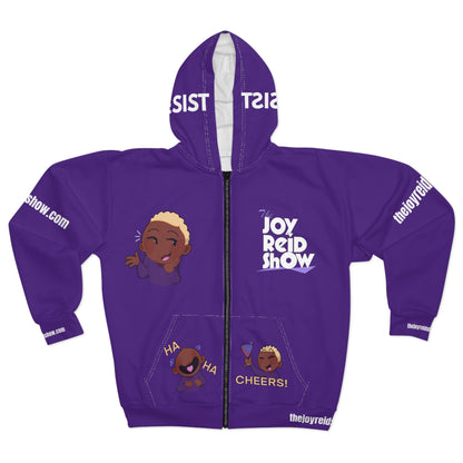 Joy Reid Show Fun Character Zip Hoodie - Purple Podcast Fan Hoodie with Emojis